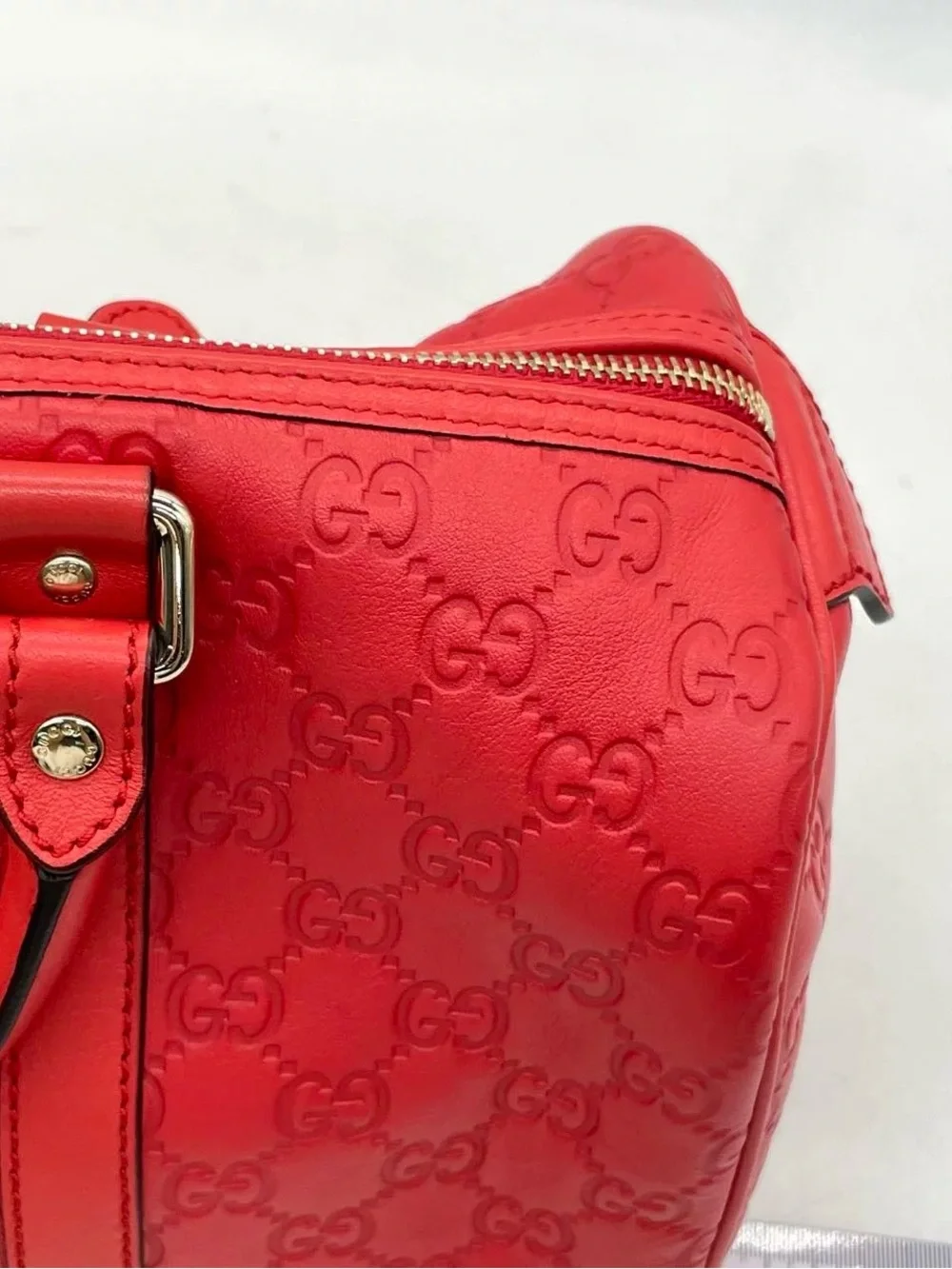 GUCCI Boston Red Joy Guccissima Embossed Leather Satchel Bag